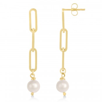 Pearl Drop Paperclip Earrings 14k Yellow Gold