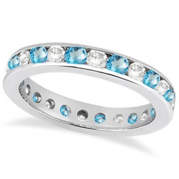 Channel-Set Blue Topaz & Diamond Eternity Ring 14k White Gold (1.50ct)