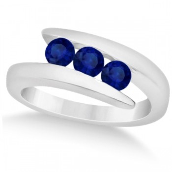 Blue Sapphire 3 Stone Journey Ring Tension Set 14K White Gold 0.90ctw