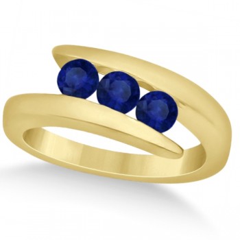 Blue Sapphire 3 Stone Journey Ring Tension Set 14K Yellow Gold 0.90ctw