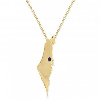 Blue Sapphire Israel Map Pendant Necklace 14K Yellow Gold (0.01ct)