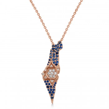 Diamond & Blue Sapphire Jewish Star Israel Map Pendant Necklace 14K Rose Gold (0.49ct)
