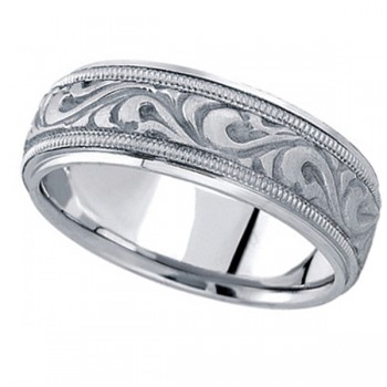 Antique Style Handmade Wedding Band in 14k White Gold (7.5mm)