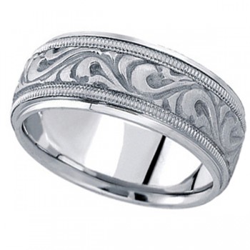 Antique Style Hand Made Wedding Band in 14k White Gold (9.5mm)