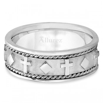 Handmade Wedding Band With Crosses in 14k White Gold (8.5mm)