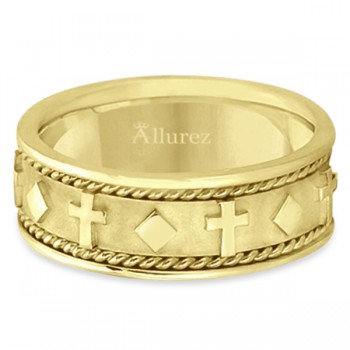 Handmade Wedding Band With Crosses in 14k Yellow Gold (8.5mm)