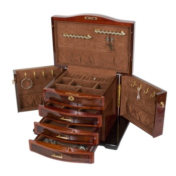 Burlwood Inlay Jewelry Chest w Necklace Hooks & Espresso Faux Suede