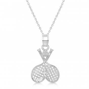 Double Tennis Racquet Charm Pendant Necklace 14K White Gold