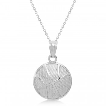 Satin & Polished Basketball Charm Men's Pendant Necklace 14K White Gold