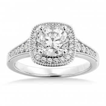 Antique Style Diamond Halo Engagement Ring 18k White Gold (0.24ct)