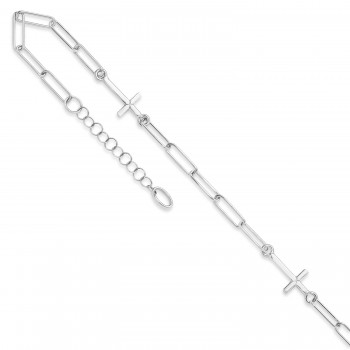 Cross Link Paperclip Station Anklet 14k White Gold