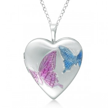 Heart Shaped Butterfly Design Pendant Locket Sterling Silver