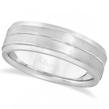 Carved Wedding Band in 14k White Gold For Men (7mm)