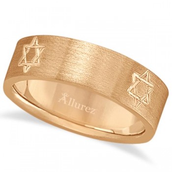 Jewish Star of David Mens Carved Wedding Ring Band 14k Rose Gold (7mm)