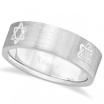 Jewish Star of David Mens Carved Wedding Ring Band 14k White Gold (7mm)