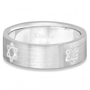 Jewish Star of David Mens Carved Wedding Ring Band 14k White Gold (7mm)