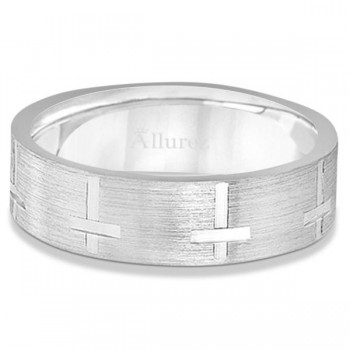 Carved Wedding Band With Crosses in 14k White Gold (7mm)