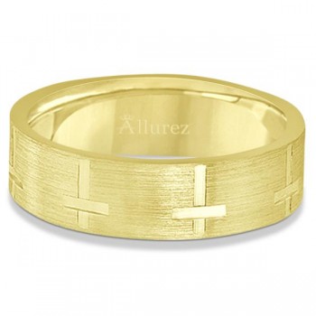 Carved Wedding Band With Crosses in 14k Yellow Gold (7mm)