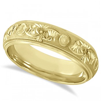 Hand Engraved Floral Wedding Ring in 18k Yellow Gold (6mm)