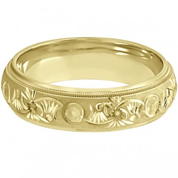 Hand Engraved Floral Wedding Ring in 18k Yellow Gold (6mm)