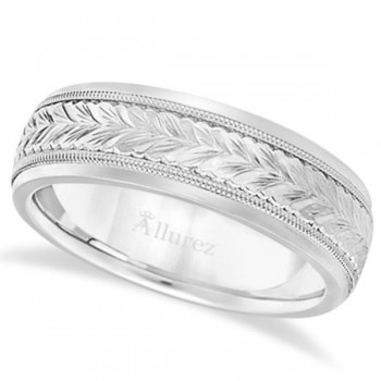 Hand Engraved Wedding Band Carved Ring in 14k White Gold (4.5mm)