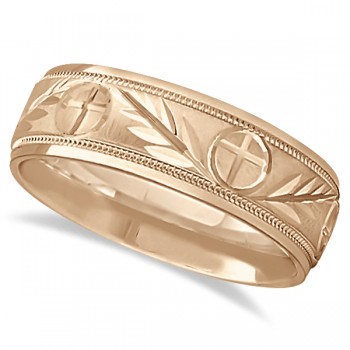 Men's Christian Leaf and Cross Wedding Band 14k Rose Gold (7mm)