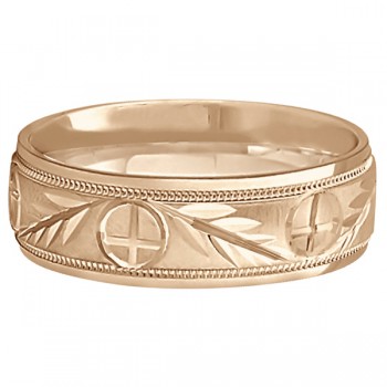 Men's Christian Leaf and Cross Wedding Band 14k Rose Gold (7mm)