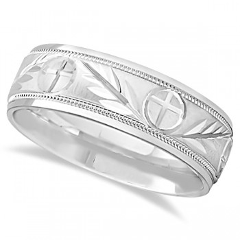 Men's Christian Leaf and Cross Wedding Band 14k White Gold (7mm)