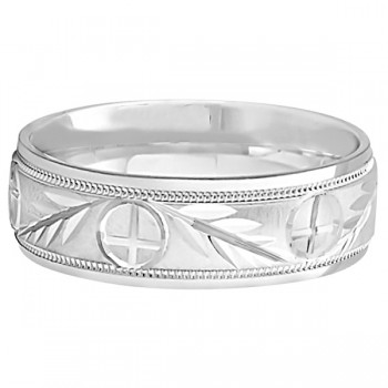 Men's Christian Leaf and Cross Wedding Band 14k White Gold (7mm)