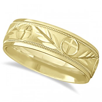 Men's Christian Leaf and Cross Wedding Band 14k Yellow Gold (7mm)