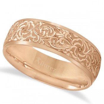 Hand-Engraved Flower Wedding Ring Wide Band 14k Rose Gold (7mm)