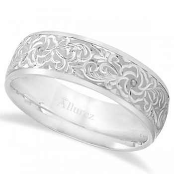 Hand-Engraved Flower Wedding Ring Wide Band 14k White Gold (7mm)