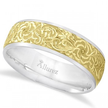 Hand-Engraved Flower Wedding Ring Wide Band 14k Two Tone Gold (7mm)