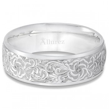 Hand-Engraved Flower Wedding Ring Wide Band 14k White Gold (7mm)
