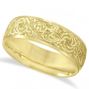 Hand-Engraved Flower Wedding Ring Wide Band 14k Yellow Gold (7mm)