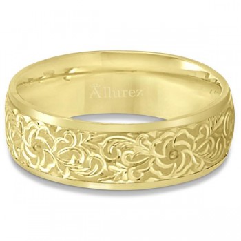 Hand-Engraved Flower Wedding Ring Wide Band 14k Yellow Gold (7mm)