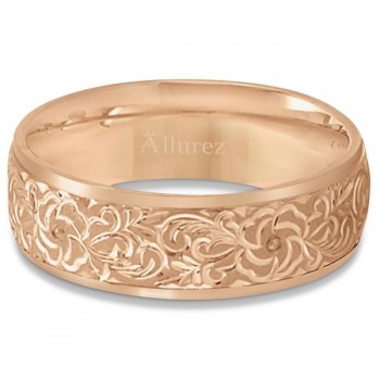 Hand-Engraved Flower Wedding Ring Wide Band 18k Rose Gold (7mm)
