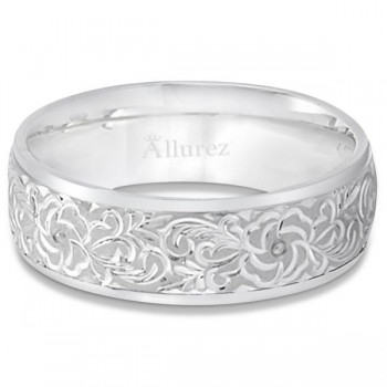 Hand-Engraved Flower Wedding Ring Wide Band 18k White Gold (7mm)