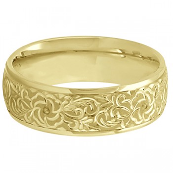 Hand-Engraved Flower Wedding Ring Wide Band 18k Yellow Gold (7mm)