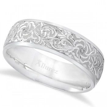 Hand-Engraved Flower Wedding Ring Wide Band Platinum (7mm)