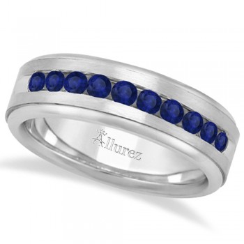 Men's Channel Set Blue Sapphire Wedding Band 14k White Gold (0.25ct)