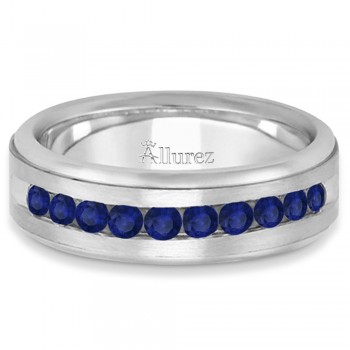 Men's Channel Set Blue Sapphire Wedding Band 14k White Gold (0.25ct)