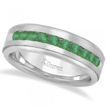 Men's Channel Set Emerald Ring Wedding Band 14k White Gold (0.25ct)