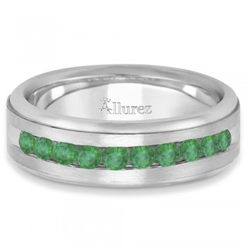 Men's Channel Set Emerald Ring Wedding Band 14k White Gold (0.25ct)