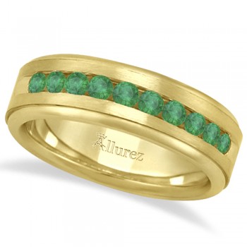 Men's Channel Set Emerald Ring Wedding Band 14k Yellow Gold (0.25ct)