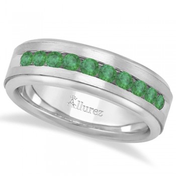 Men's Channel Set Emerald Ring Wedding Band 18k White Gold (0.25ct)