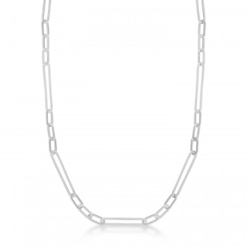 Hollow Paperclip Link Chain Necklace 14k White Gold