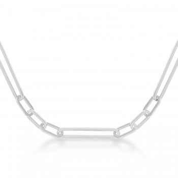 Hollow Paperclip Link Chain Necklace 14k White Gold