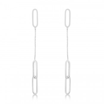 Long Dangling Thin Paperclip Earrings 14k White Gold