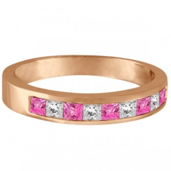 Princess Channel-Set Lab Grown Diamond & Pink Sapphire Ring 14k Rose Gold